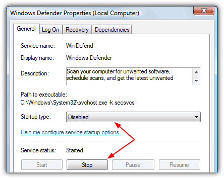 Windows defender service started then stopped